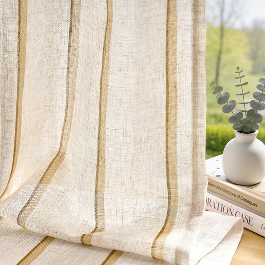 jinchan Linen Curtains for Living Room Striped Curtains Yellow on Beige Thick Textured Light Filtering Drapes Bedroom Dining Room Rustic Farmhouse Cottage Core Style 2 Panels 84 Inches Back Tab