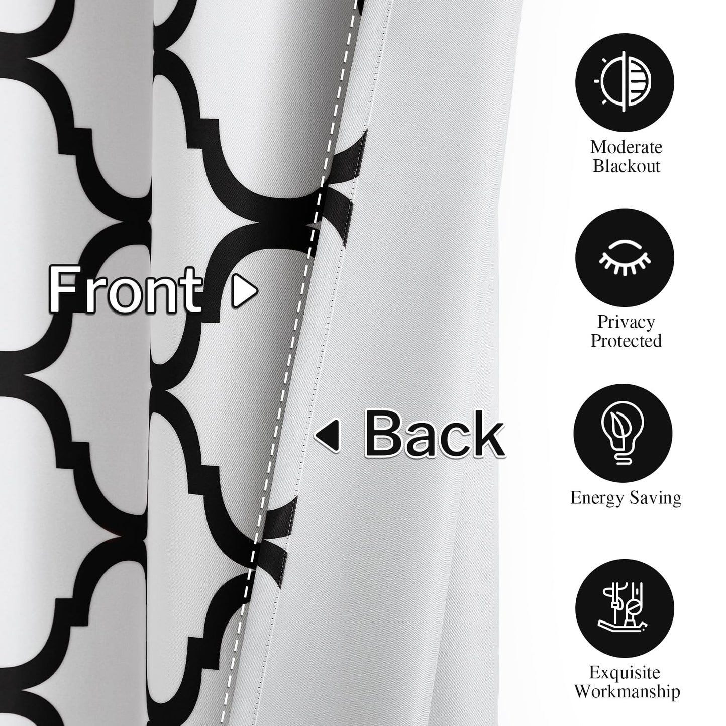 Melodieux Moroccan Printed Room Darkening Blackout Grommet Curtains for Bedroom Small Windows, 42 by 45 Inch, Off White/Black (2 Panels)