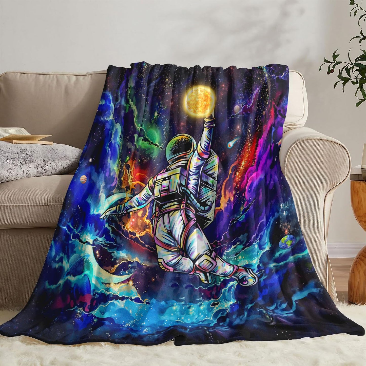 kampdream Fleece Throw Blanket, Galaxy Universe Planet Blankets for Men, Boys and Teens Starry Sky Nebula Stars Comforter Nap Throws for Couch Chair Bed Decor Comforter (Astronaut, 40.00" x 50.00")