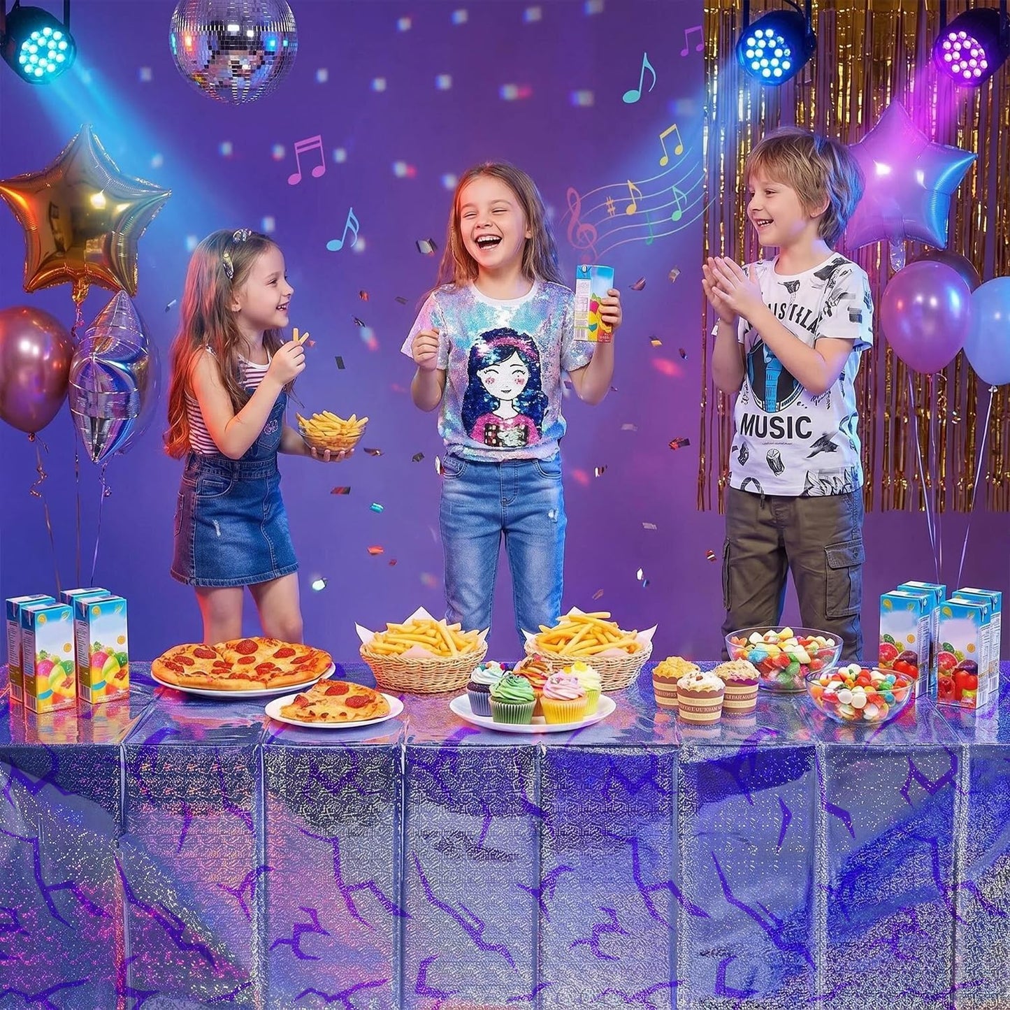 3pcs Music Tablecloths Birthday Party Decorations Music Disposable Plastic Sparkling Holographic Laser Table Cloth Rectangle Table Covers Party Supplies for Kids Girls Birthday Decor 54 * 108inch