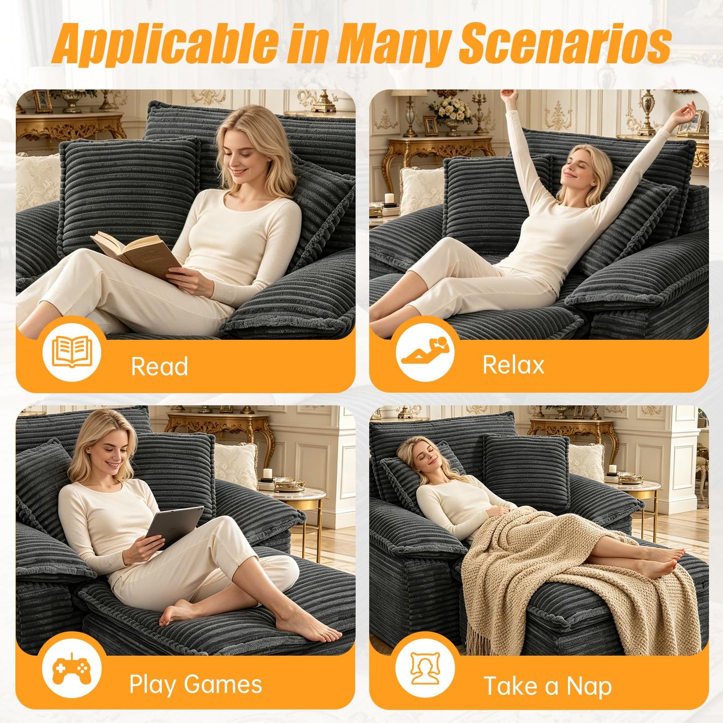 HYJT-H&K 63.4"Reading Chair, Boneless Chair with Ottoman, Lounge Chair with Built-in Spring&3 Pillows, Oversized Chair for Living Room, Chaise Lounge Chair Indoor No Assembly Required(Corduroy, Gray)
