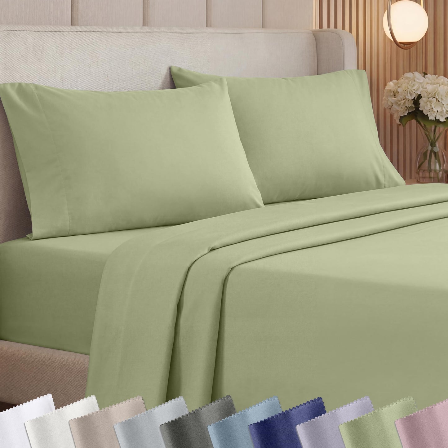 California Design Den Thick and Natural 100% Cotton Bed Sheets King Size Set - 1000 Thread Count Sateen Sheet & Pillowcase Sets, Deep Pockets, Durable Bedding - Pale Green