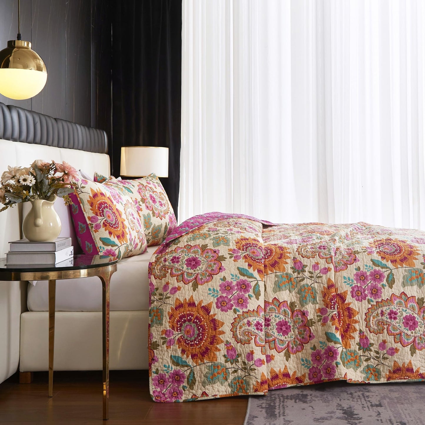 YASMENG 100% Cotton Boho Quilt Set Queen Size Vibrant Bohemian Paisley Coverlet