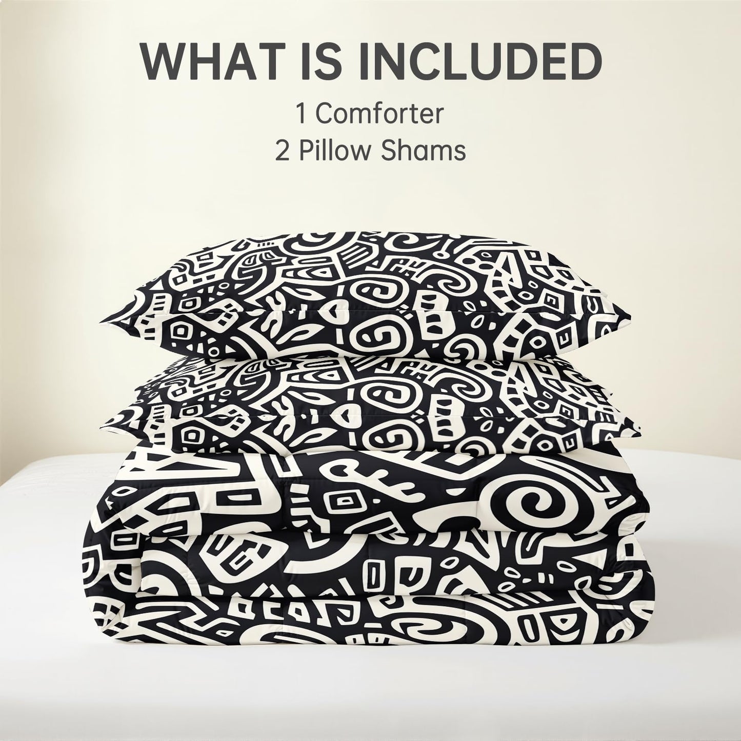 Abstract Art Comforter Set Queen Size 3 Pcs - All Season Comforter & 2 Pillowcases, Black and White Bedding Set, Soft Lightweight Down Alternative Duvet Insert, Tribal Graffiti Bedroom Decor