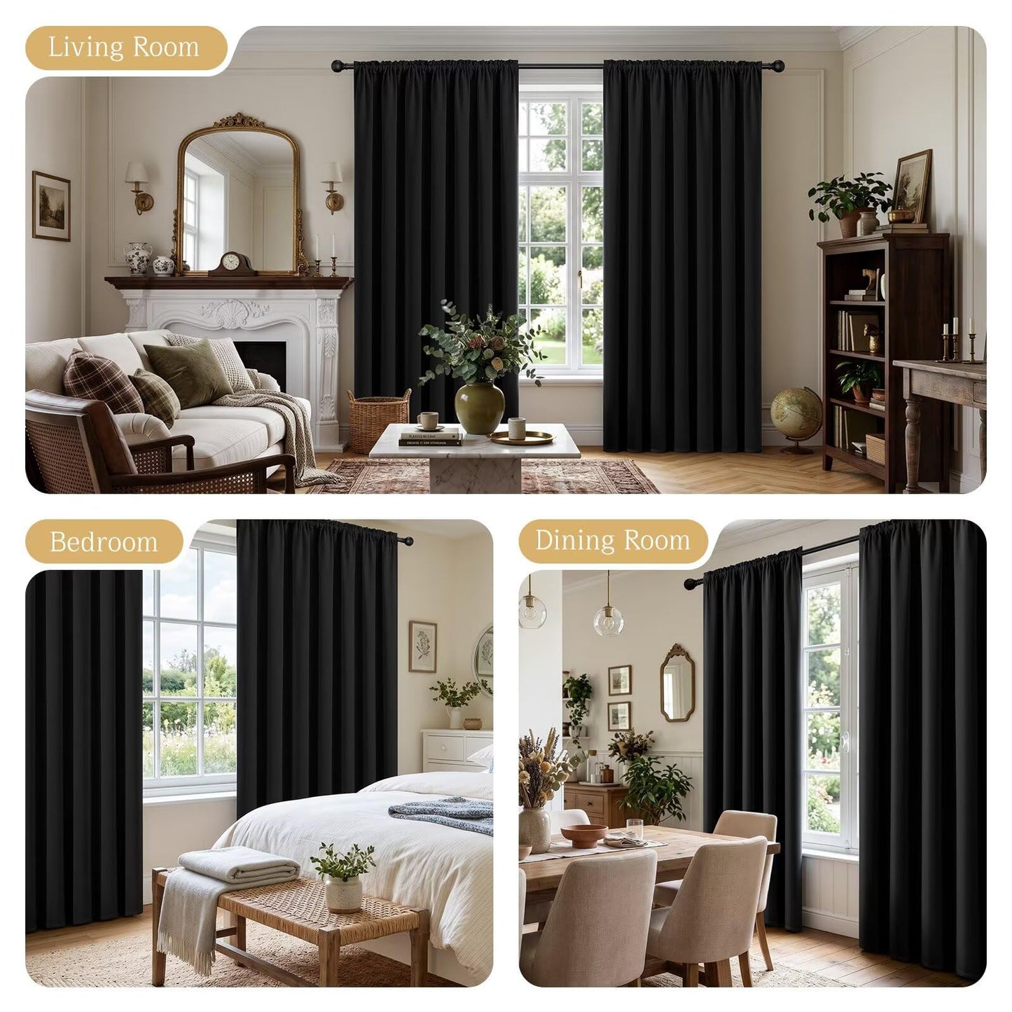 CUCRAF Black Blackout Curtains 84 inch Length 2 Panels Set, Rod Pocket Room Darkening Drapes for Bedroom Living Room, Insulated Thermal Light Blocking Window Curtain (W52 x L84 Inch)