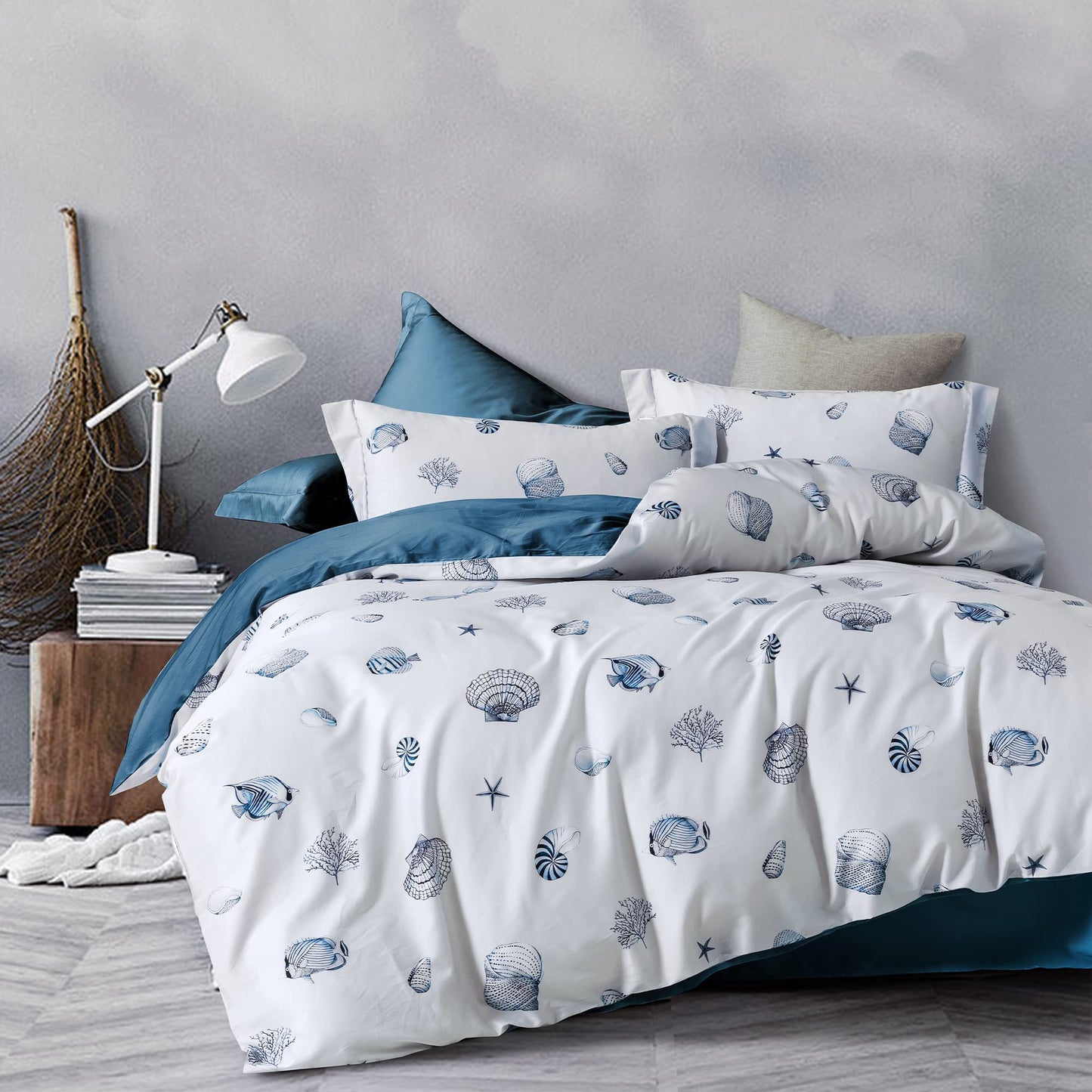 MILDLY Blue Seashell Pattern Duvet Cover Set Nautical Comforter Cover 3pcs