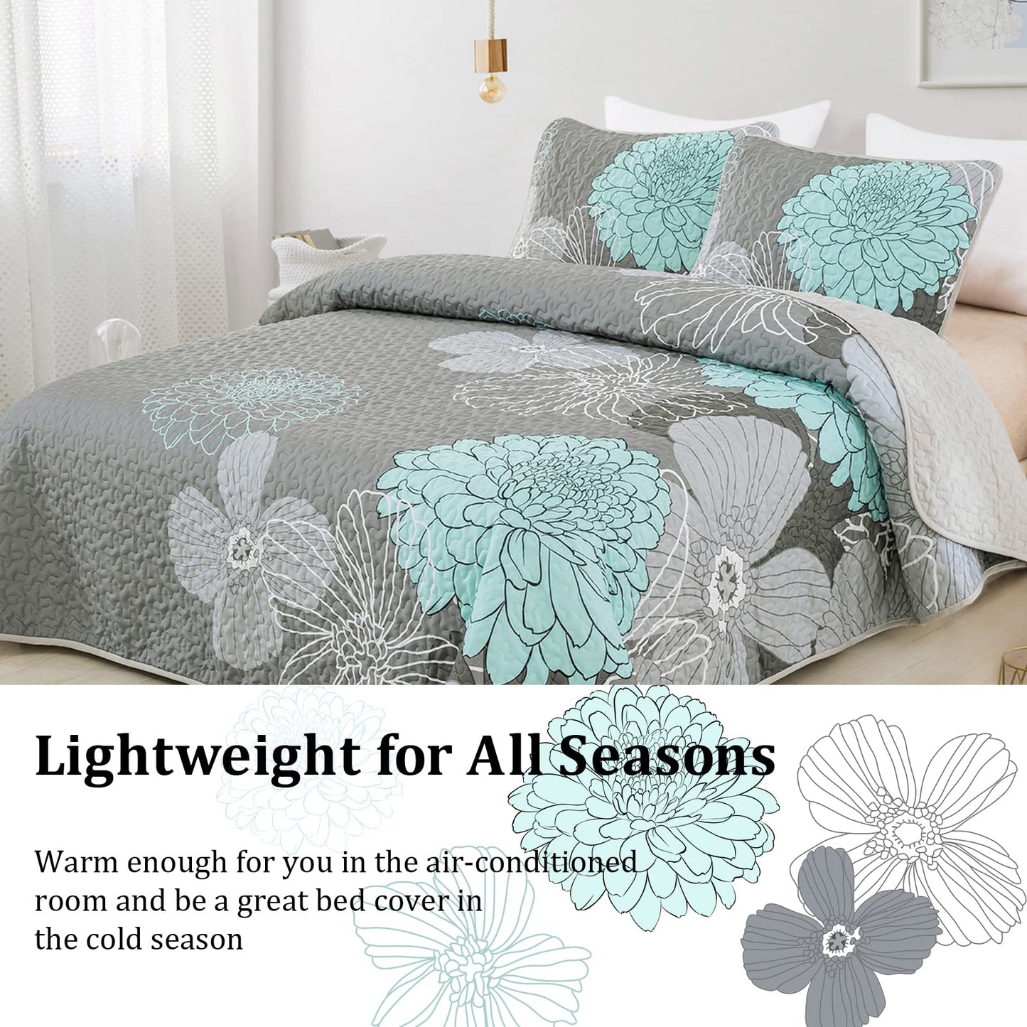 Anibedding Green Floral Queen Size Quilt Set - 3 Pieces Boho Flower Quilt Coverlet Elegant Bohemian Bedspread with 2 Pillowcases Soft Lightweight Bedding Quilts for Adults (Green,96"x90")