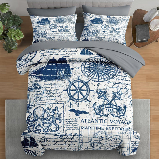 Pamnest Comforter Set Queen Size, Nautical Anchor Sailor Grey 7 Pcs Bedding for Kids and Adults, Ocean Vintage Sea Bed Sheet Sets with Fitted Sheet 2 Pillowcases & 2 Shams for Bedroom Bed Decor