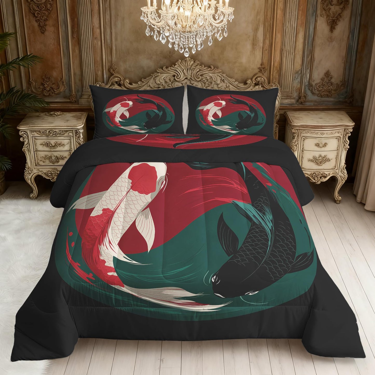 TANCAPRIUM Japanese Koi Fish Comforter Set Queen - Yin Yang Bedding Set & 2 Pilow Cases for All Season - Soft Reversible Down Alternative 3 Piece. Koi Fish Bedrom Decor