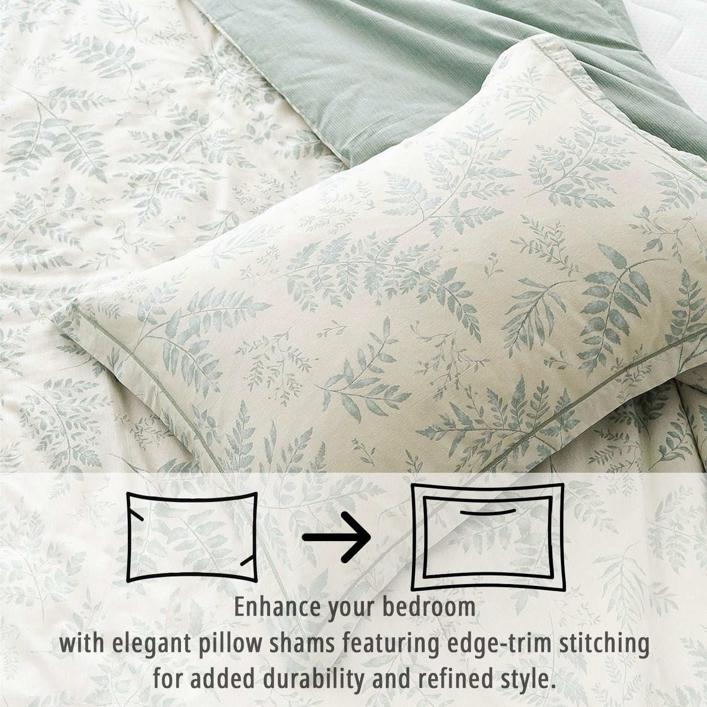 LEMIROE Botanical Cotton Comforter Queen Size - Dusty Green Comforter Printed with Luxurious Greyish-Green Ferns on Beige,Reversible Lightweight Bedding Sets 3Pcs(90"×90")