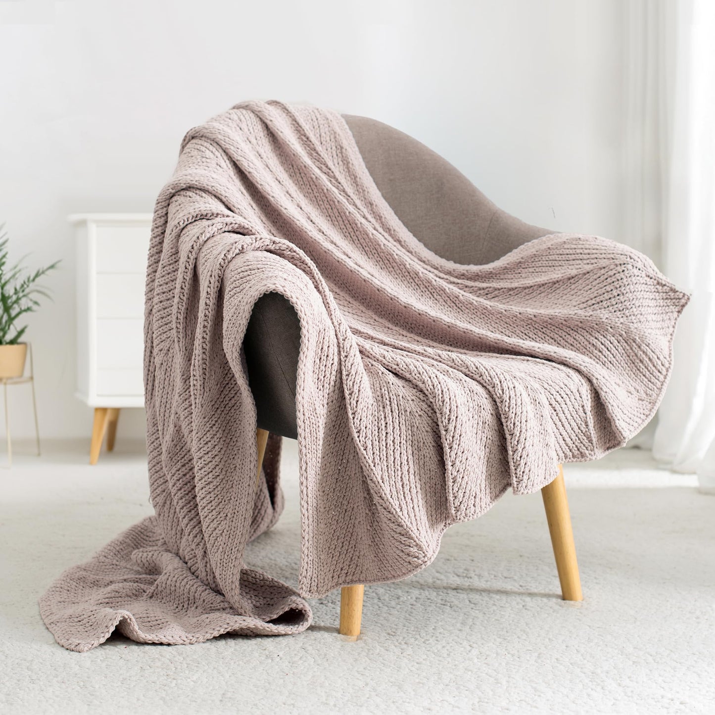 CloudDwelling Chenille Knit Throw Blanket Fluffy Fuzzy Soft Lightweight Cozy Farmhouse Chunky Knitted Throws for Couch Sofa Bed (Taupe, 50"x60")