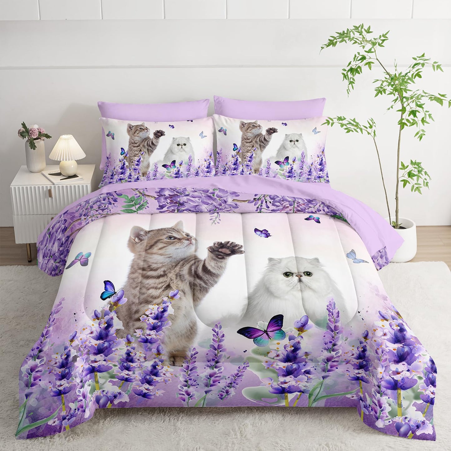 AILONEN Cat Comforter Set Twin Size, Kawaii Kitten Animal with Butterfly Bedding Set for Kids Girls,Purple Flowers Bed in a Bag,Comforter & Fitted Sheet & Flat Sheet,2 Pillowcases,2 Pillow Shams