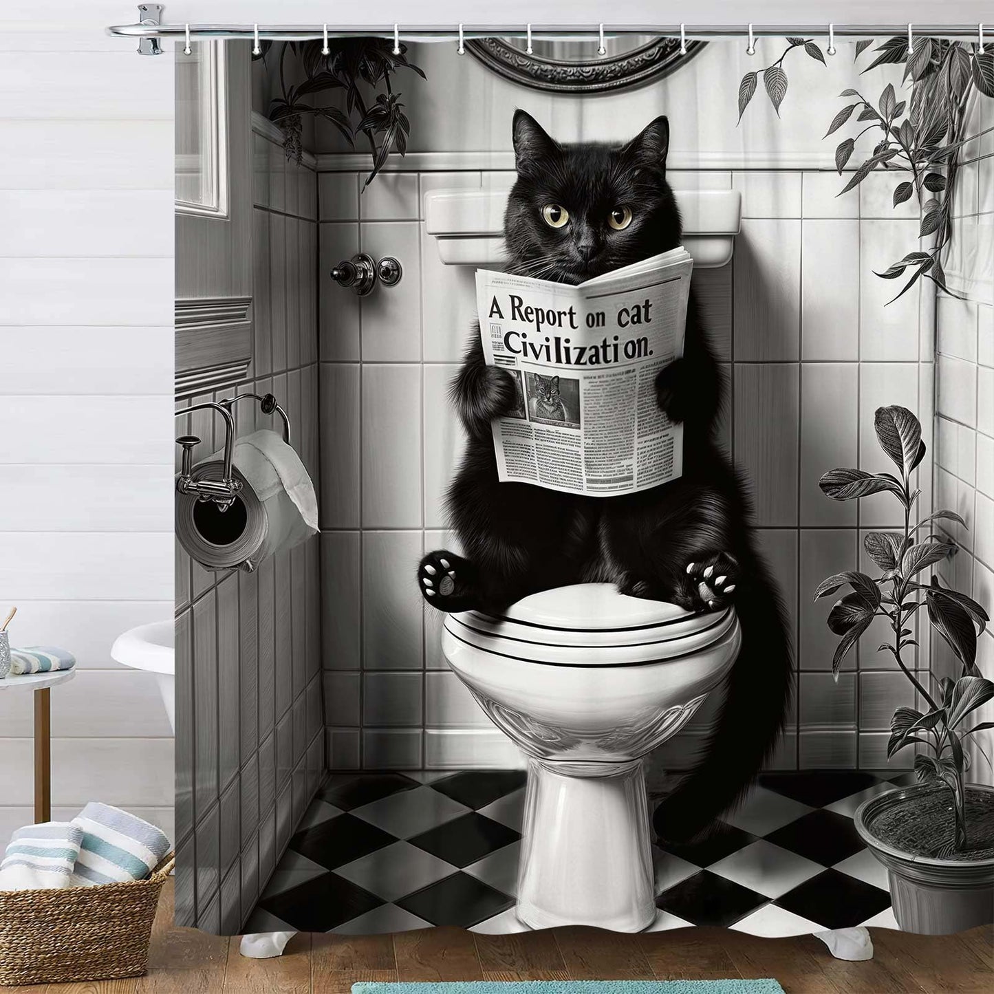 JAWO Funny Cat Shower Curtain, Humorous Black Cat Animal Sitting on Toilet Reading Newspaper Fun Shower Curtains Set, Black White Retro Waterproof Fabric Bathroom Decor Bath Curtain, 72x72 Inch