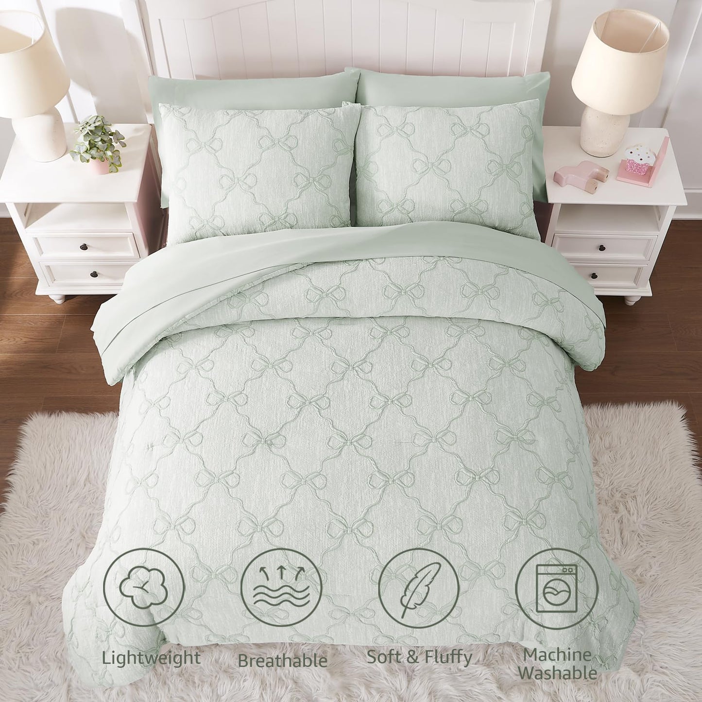 Wink Deer Twin Comforter Set with Sheets for Girls-5 Pieces Twin Bedding Sets with Light Green Comforter, Sheets, Pillowcase & Sham for Kids (Green Diamond, 66" X 86")