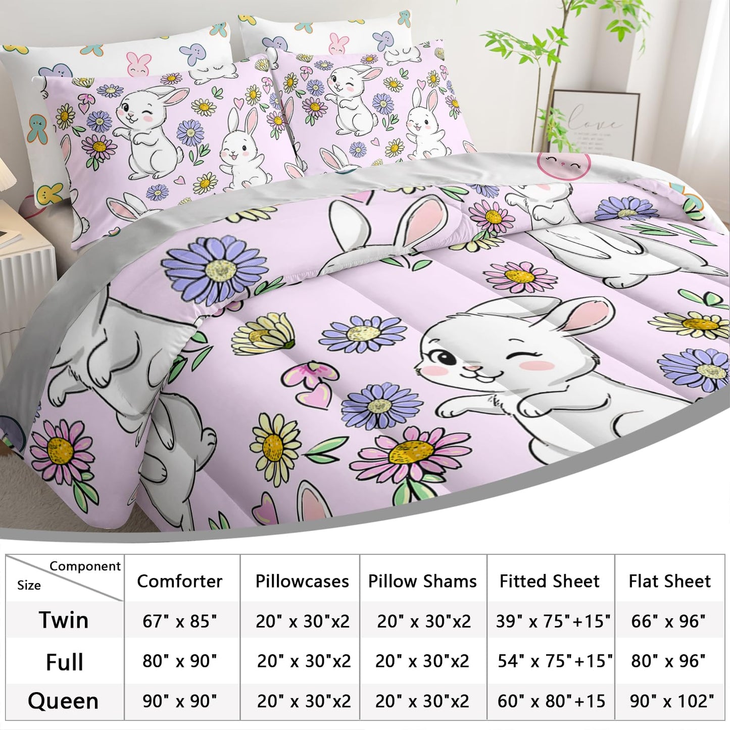 AILONEN Floral Rabbit Comforter Set Twin Size,7-Piece Soft Bed in a Bag, Cute Bunny Kawaii Comforter & Fitted Sheet & Flat Sheet & 2 Pillowcases,2 Pillow Shams