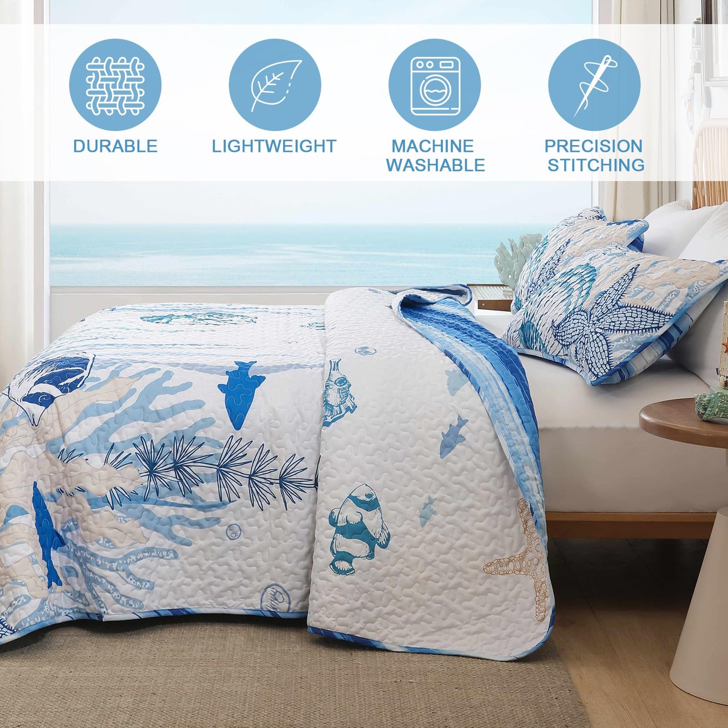 DJY Coastal King Size Quilt Set 3 Piece, Reversible Microfiber Ocean Quilt with 2 Shams Nautical Bedding Set Beach Bedspread Coverlet Summer Lightweight Comforter Set for All Season, 110"x90"