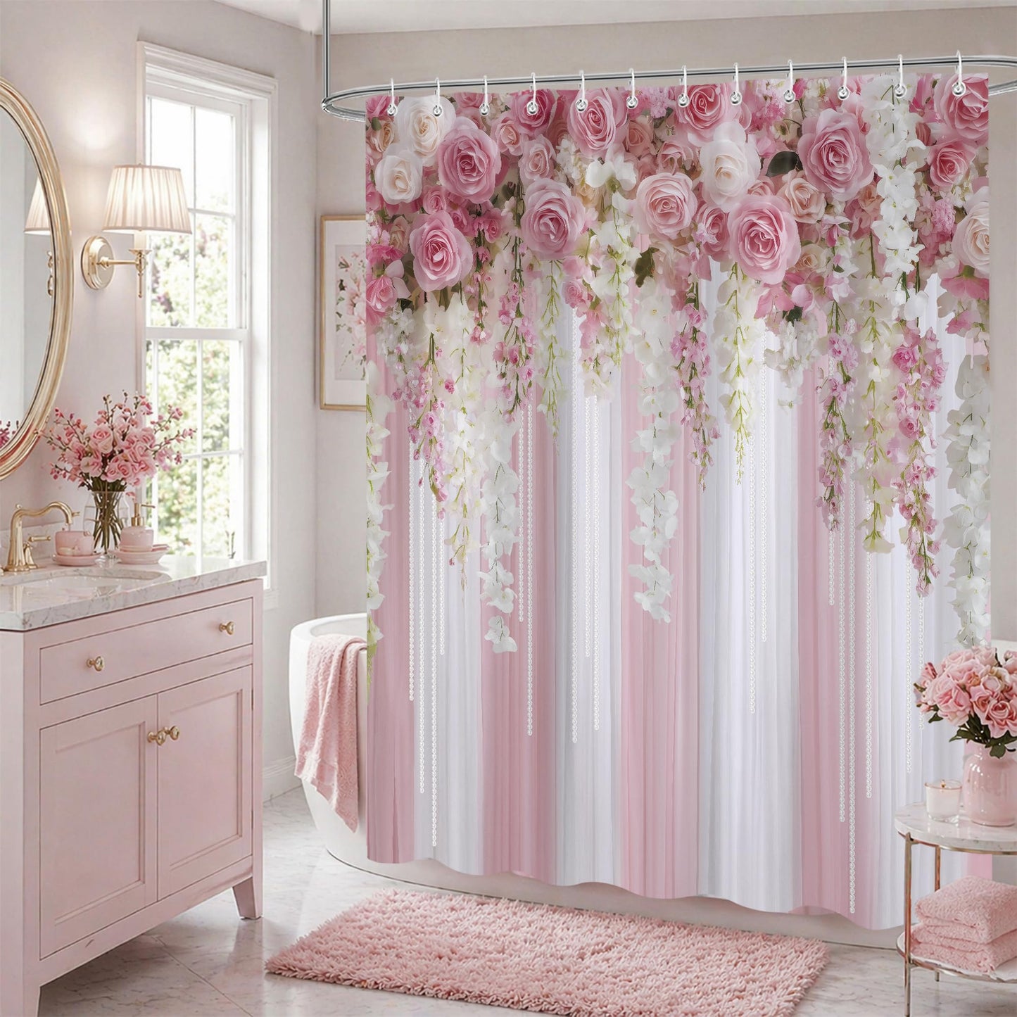 iTapnoom Pink Rose Shower Curtain 72x72 Inch, Romantic Floral Bathroom Curtain with Hanging Flower Garland Design Waterproof Fabric Bath Curtain Set with 12 Hooks for Home Decor