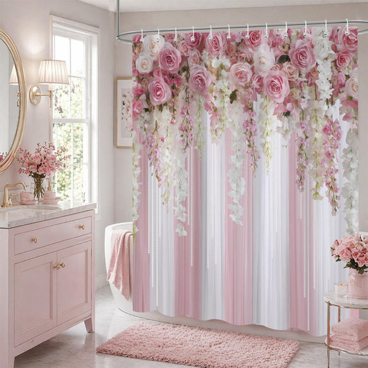 iTapnoom Pink Rose Shower Curtain 72x72 Inch, Romantic Floral Bathroom Curtain with Hanging Flower Garland Design Waterproof Fabric Bath Curtain Set with 12 Hooks for Home Decor