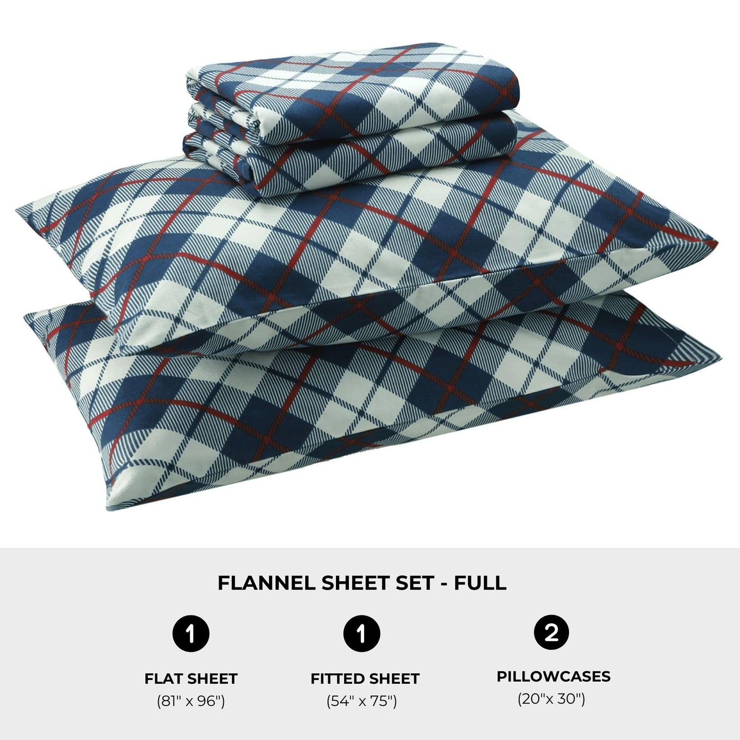 Featherhead™ 100% Cotton 4PCs Flannel Sheet Set, Full Size, Tartan Plaid | Double-Brushed for Extra Softness, Warm & Breathable, Extra Deep Pockets fits Up to 17” – 1 Flat, 1 Fitted, 2 Pillowcase