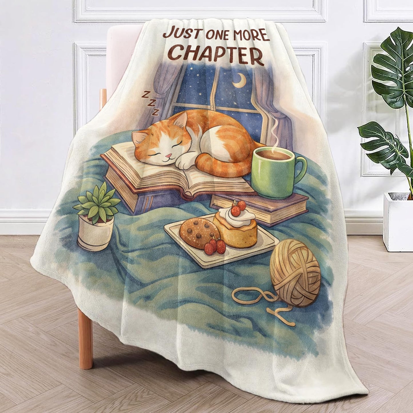 TRYYN Sleeping Cat Throw Blanket, Cute Kitten with Book and Coffee, Soft Flannel Fleece, 50x60 Inch, Bedroom Sofa Reading Nook Blankets for Books Lovers, Cozy Heartwarming Home Decor Gifts