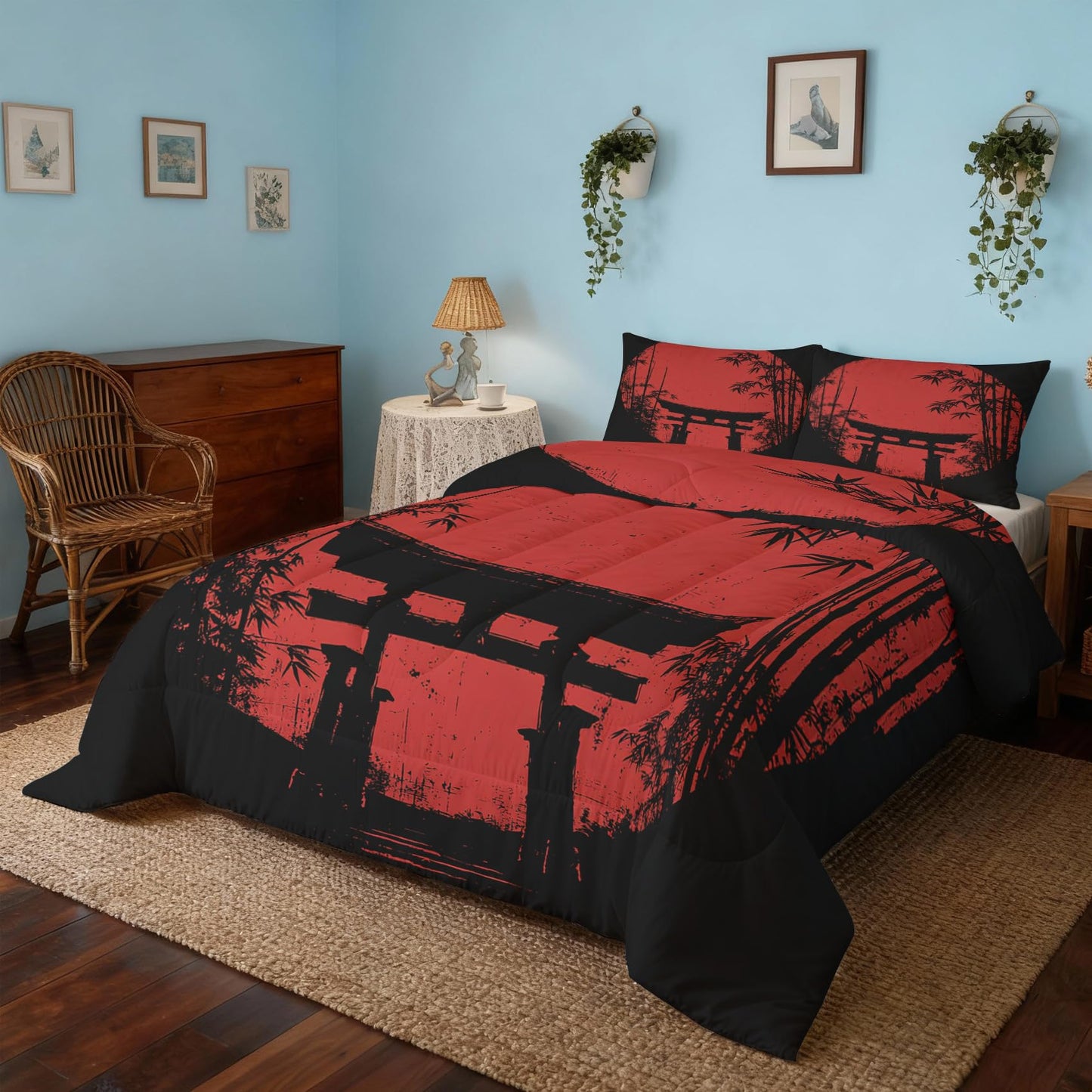 TANCAPRIUM Japanese Torii Comforter Set Queen - Red Sun Bedding Set & 2 Pilow Cases for All Season - Soft Reversible Down Alternative 3 Piece. Asian Bedrom Decor
