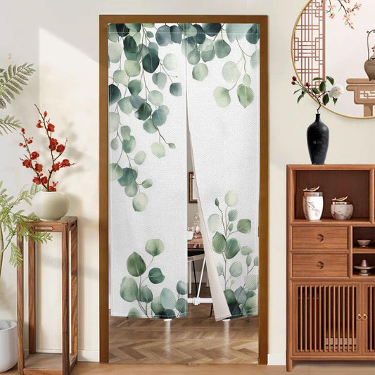 Leowefowa Green Leaves Eucalyptus Doorway Curtain Tapestry Panel for Wall Hanging Japanese Noren Bedroom Partition Kithchen Divider Bathroom Door Decor, 33.5"x 70.9"