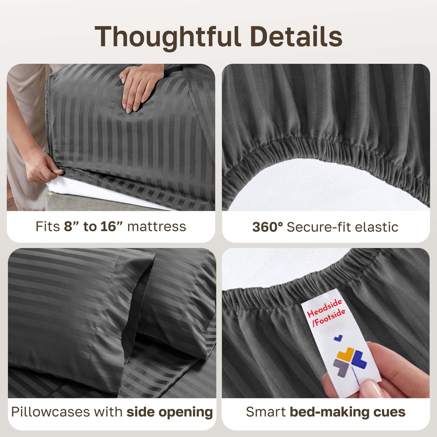 California Design Den Deep Pocket Queen Sheets Set - Soft 100% Cotton Sheets, 500 Thread Count Sateen, Snug Fit Elastic, Soft Damask Stripe Bedding Set - Stripe Grey