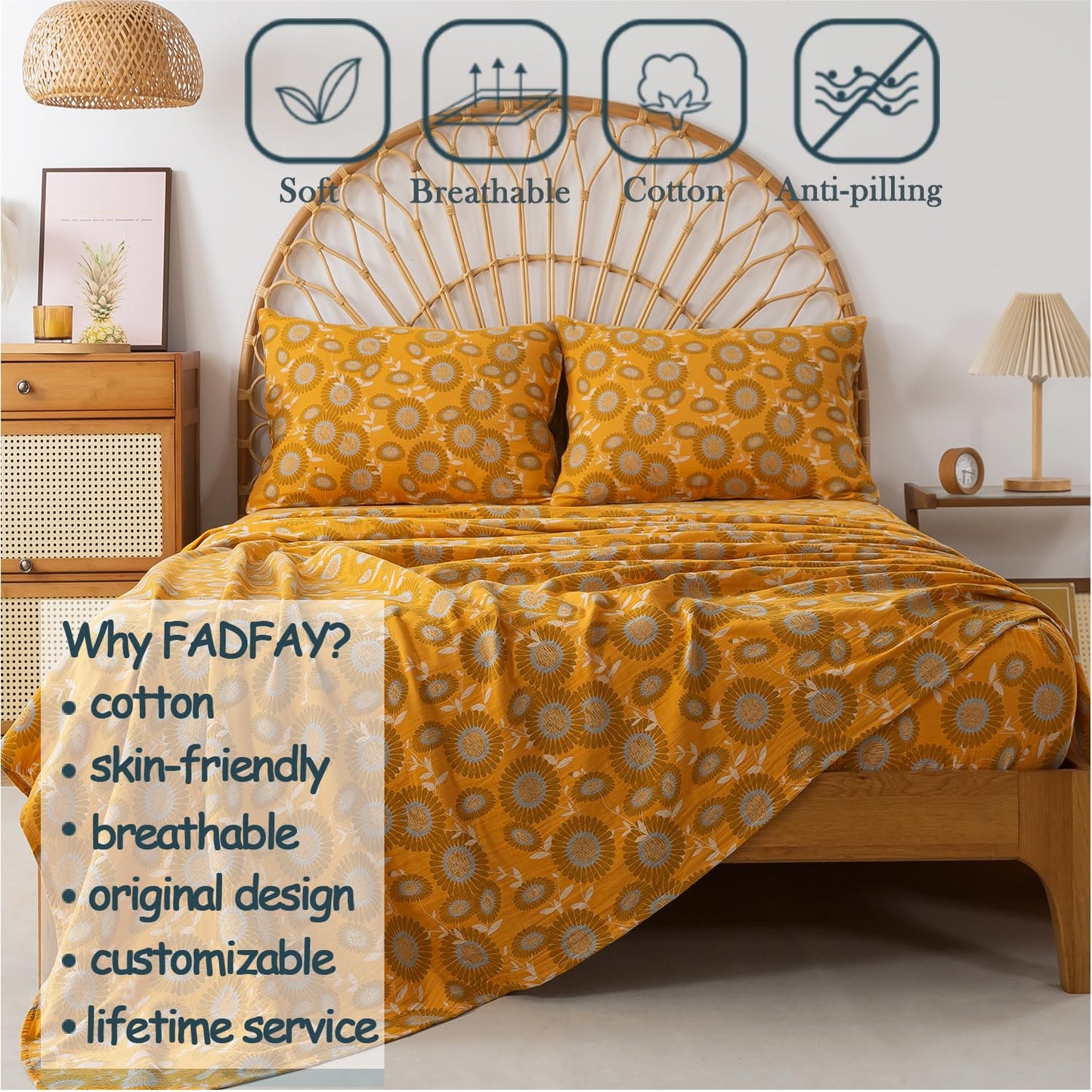FADFAY Double Gauze 100% Cotton King Sheets Set Floral Bed Sheets Deep Pocket Fitted Sheet, Luxury Sunflower Pattern Shabby Vintage Countryside Style Bedding 4Pcs