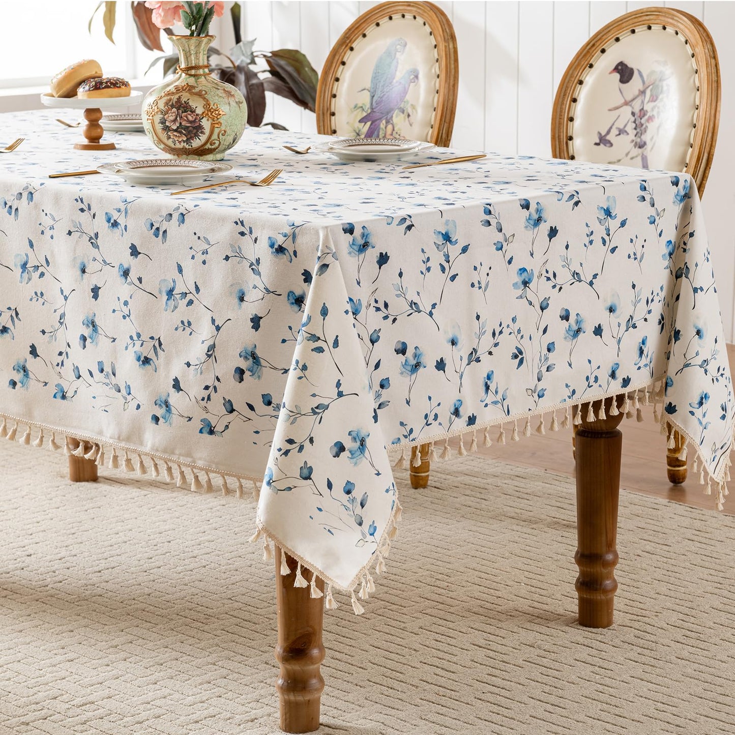HOMLOVE Tablecloth Pastoral Style, Waterproof & Stain Resistant Table Cloth Wrinkle Free Table Cover for Dining/Kitchen/Patio, Washable Indoor & Outdoor Use (Blue Flower, 55"X102")