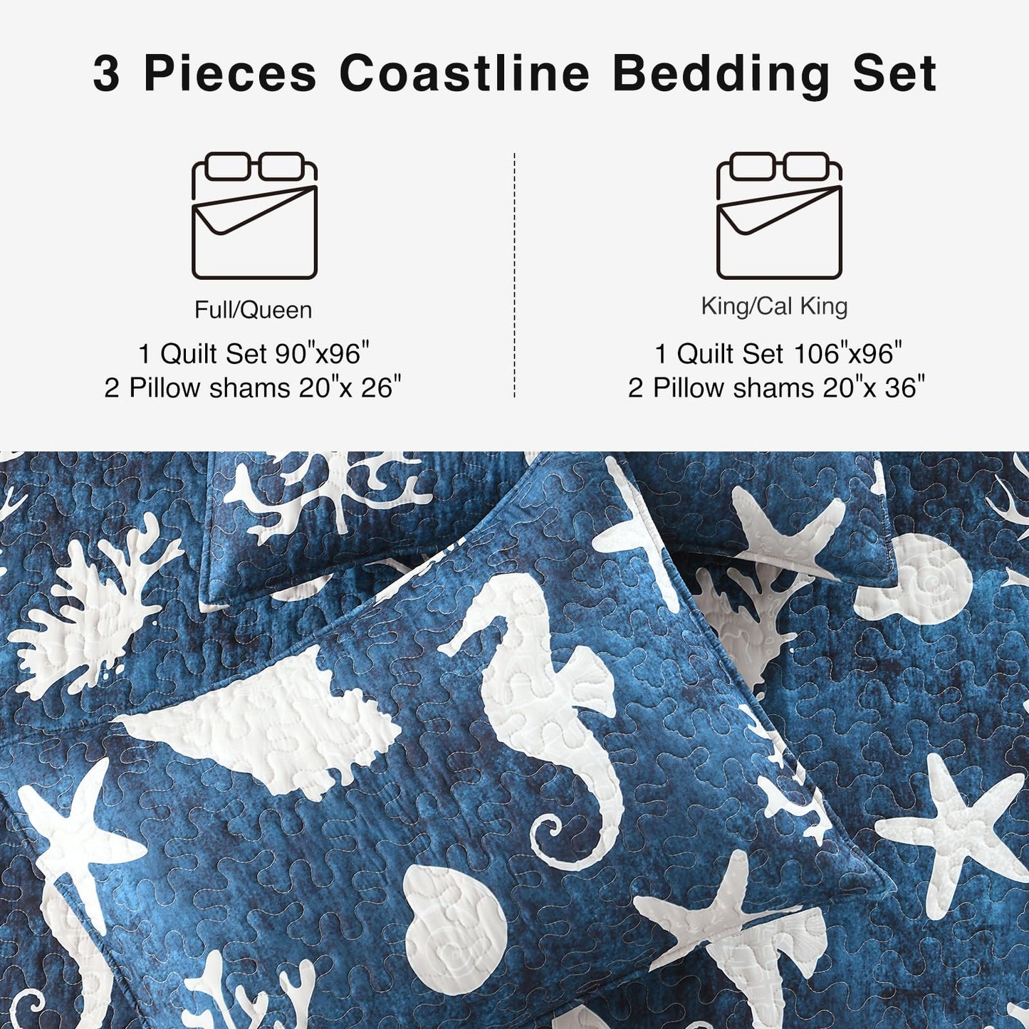 HORIMOTE HOME Coastal Quilt Bedding Set Queen Size, Reversible Navy Summer Beach Quilt Lightweight Ocean Nautical Comforter Tropical Bedspread Coverlet with 2 Pillow Shams for All Seasons (90"x96")