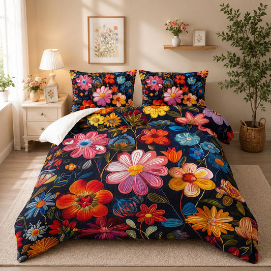 Colorful Flower Comforter Set Full Size 3 PCS Bed in a Bag,Cute Floral Bedding Set for Girls Teens,Ultra Soft Microfiber Comforter Bed Set with 3-Pieces, Floral Bedroom Decor with Pillowcases