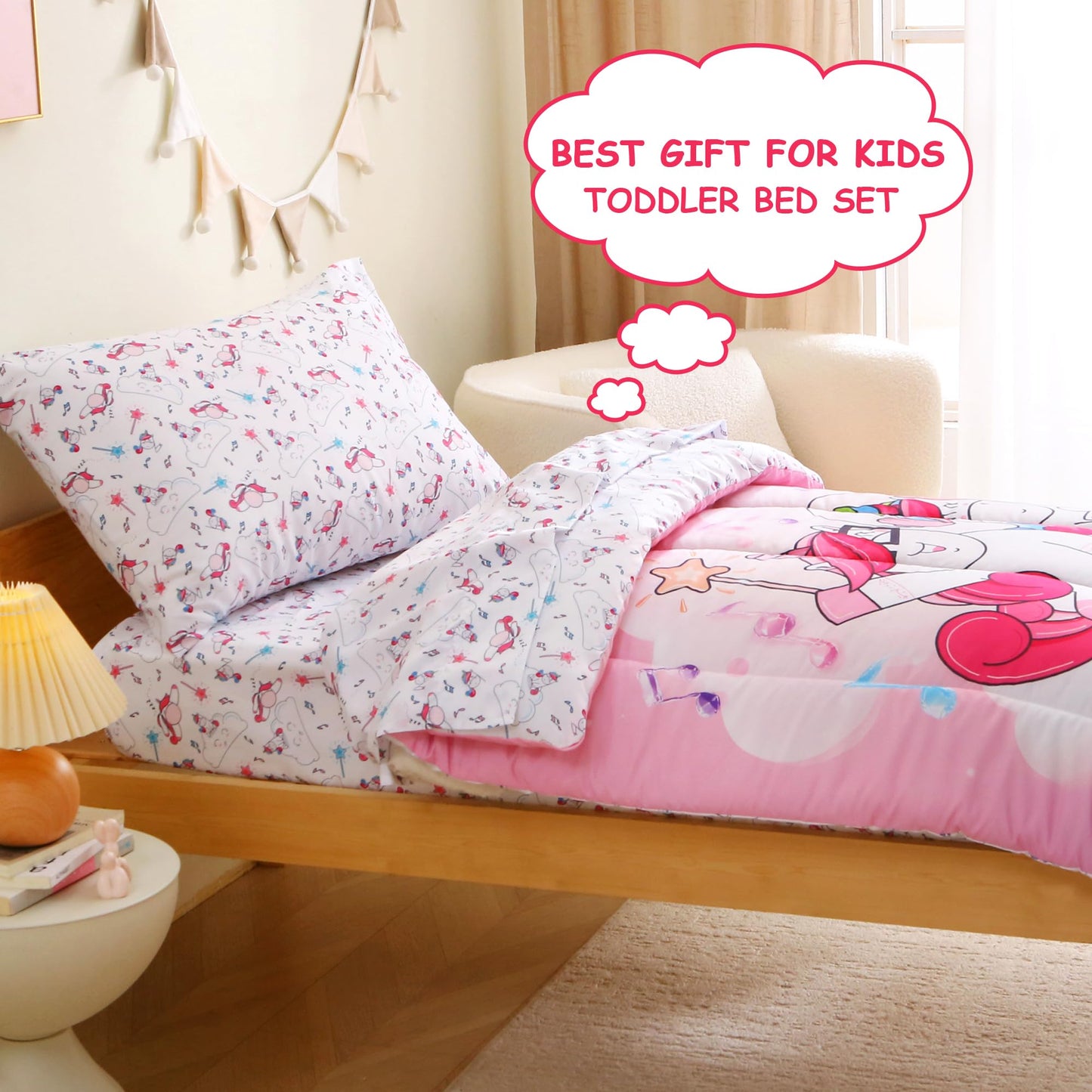 Mooreeke 4 Pieces Toddler Bedding Set - Pink Purple Music Unicorn Toddler Comforter Sets for Girls, Includes Comforter, Flat Sheet, Fitted Sheet and Pillowcase, Bed in A Bag for Baby Bedroom