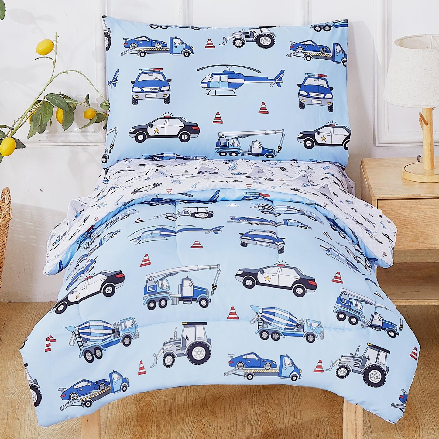 Mooreeke 4 Pieces Toddler Bedding Set - Blue Cool Police Car Plane Toddler Comforter Sets for Boys, Includes Comforter, Flat Sheet, Fitted Sheet and Pillowcase, Bed in A Bag for Baby Bedroom
