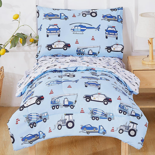Mooreeke 4 Pieces Toddler Bedding Set - Blue Cool Police Car Plane Toddler Comforter Sets for Boys, Includes Comforter, Flat Sheet, Fitted Sheet and Pillowcase, Bed in A Bag for Baby Bedroom