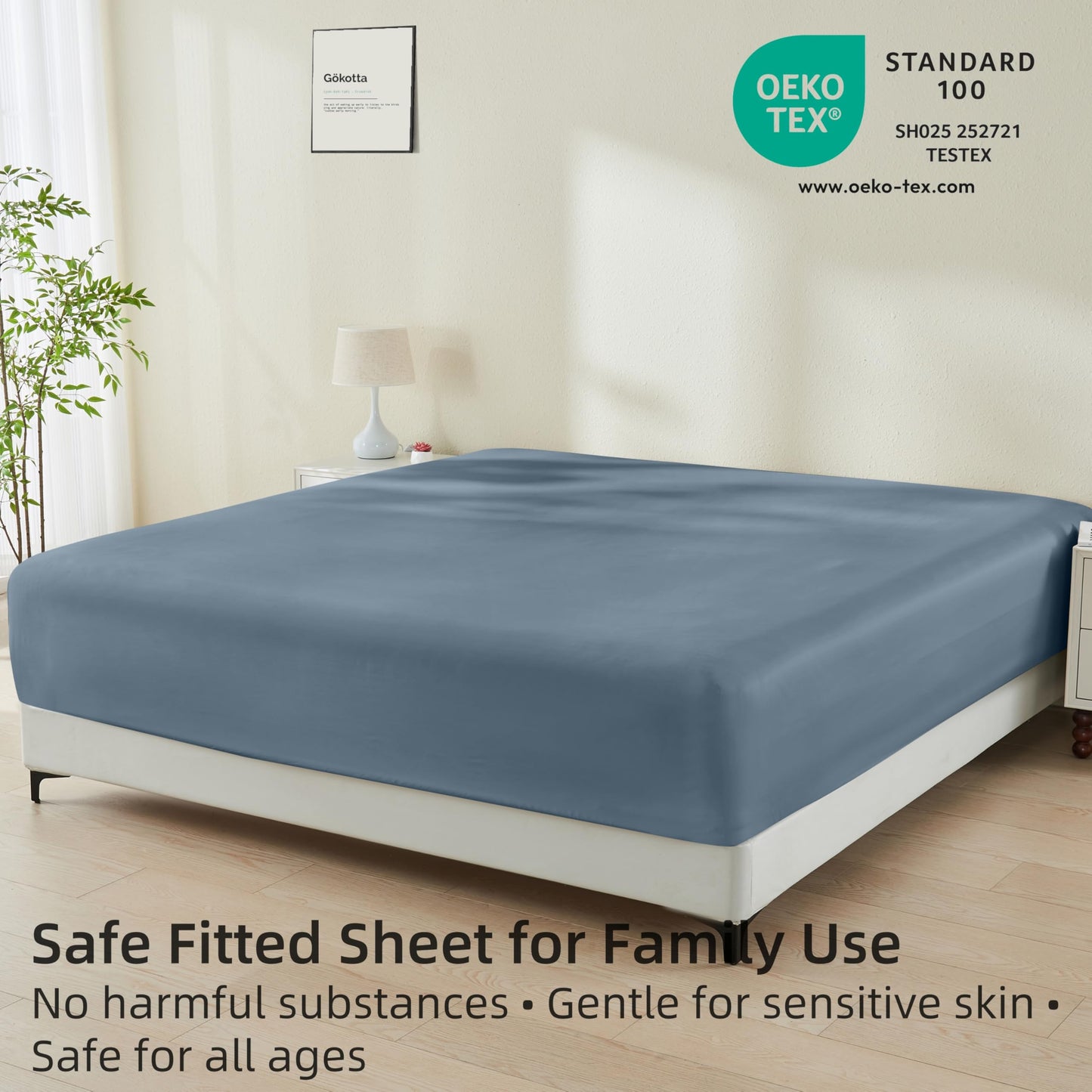 GOKOTTA Fitted Sheet King Only,100% Rayon Derived from Bamboo Fitted Sheet,Ultra Soft,Cooling and Breathable Bottom Sheet with 4 Elastic Corner Straps,No Slip,No Pilling,16" Deep Pocket-Blue