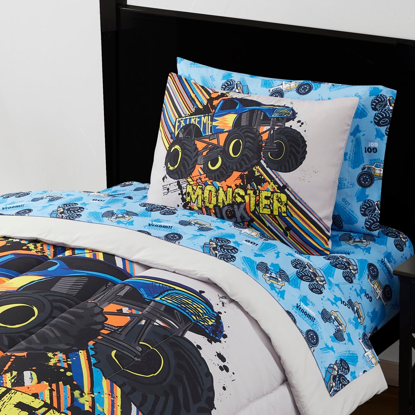 Kids Bedding Set Bed in a Bag for Boys and Girls Toddlers Printed Sheet Set and Comforter, Twin, Monster Truck