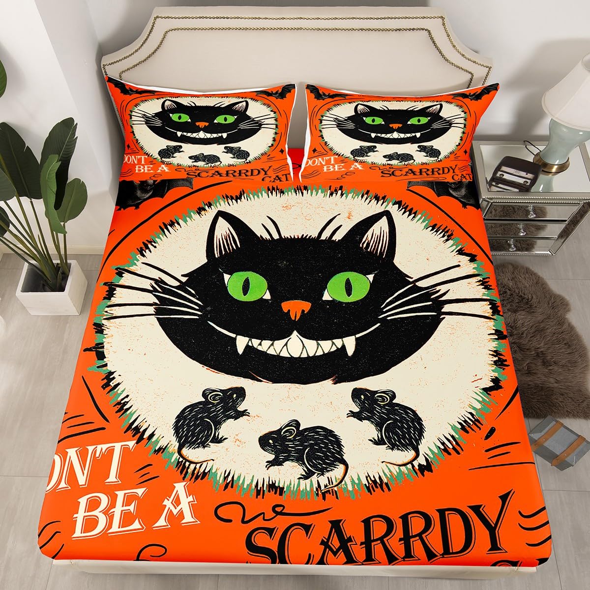 Feelyou Kids Halloween Fitted Sheet Full Size, Horror Decor Bedding Set Black Cat Bed Sheet Set Boys Girls Happy Halloween Teens Bedroom Decor 3Pcs (No TOP Sheet)