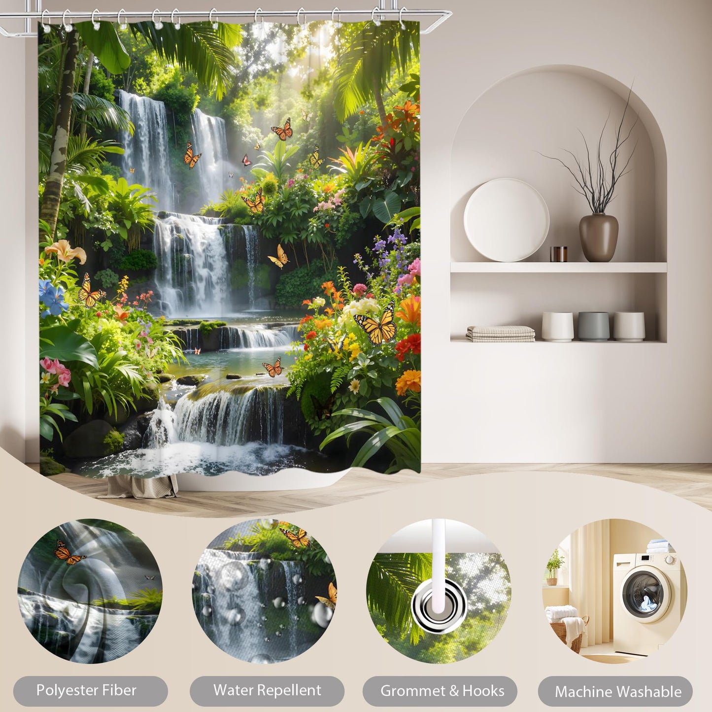 Forest Waterfall Shower Curtain Fantasty Spring Garden Flowers Butterflies Green Plants Streams Sunshine Rustic Natural Scenery Bathroom Decor Polyester Fabric Curtains with Hooks 70" W X 70" L