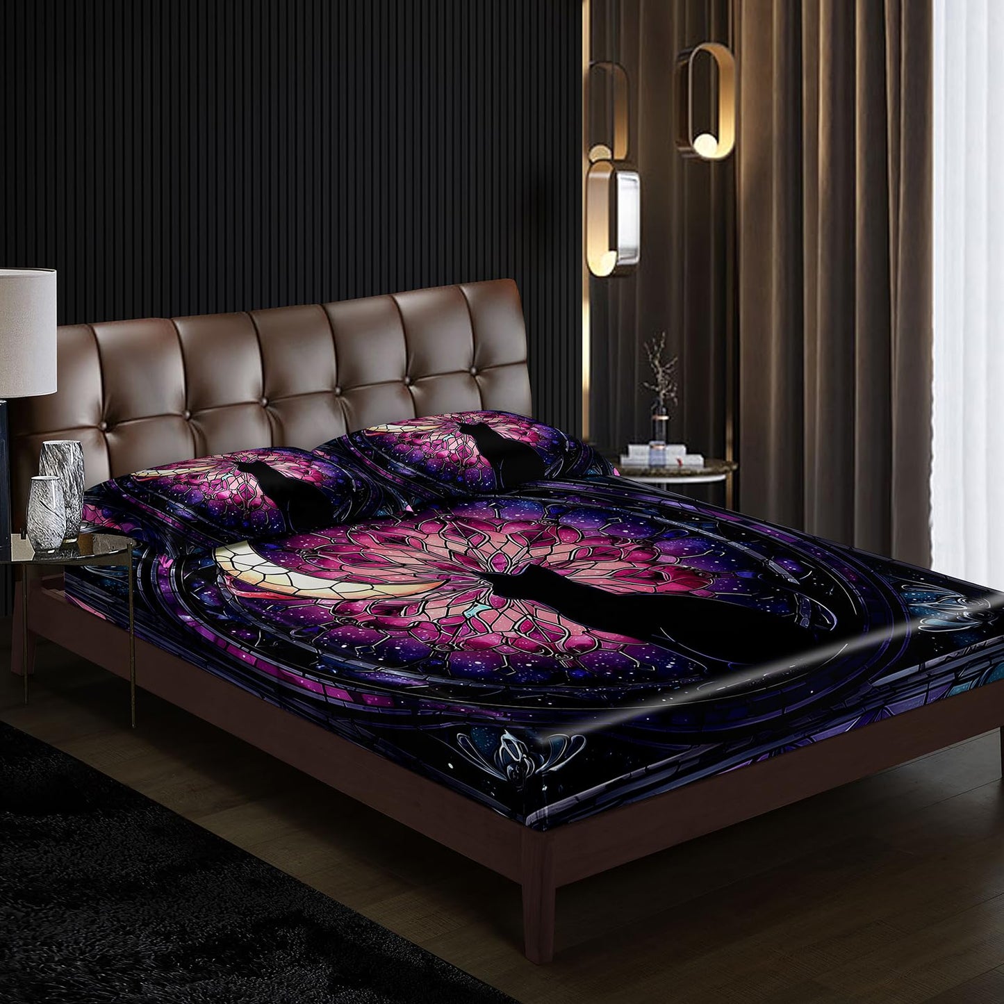 AILONEN Stained Glass Cat Fitted Sheet Set Twin Size,Purple Galaxy Mandala Celestial Bedding for Girls,3 Piece Black Kitten Room Decor with 2 Pillowcases,16" Deep Pocket