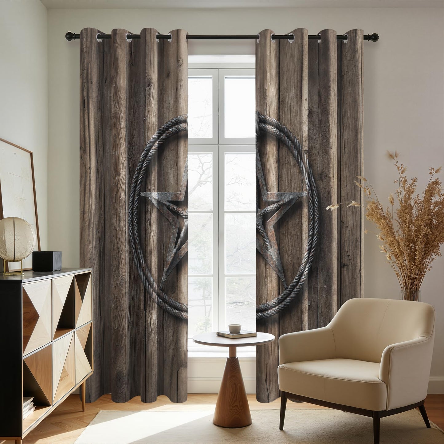 Solvivae Rustic Barn Door Curtains 54 Inch Length, Texas Star Blackout Curtains for Bedroom Living Room, Room Darkening Thermal Insulated Grommet Drapes, Western Window Curtain