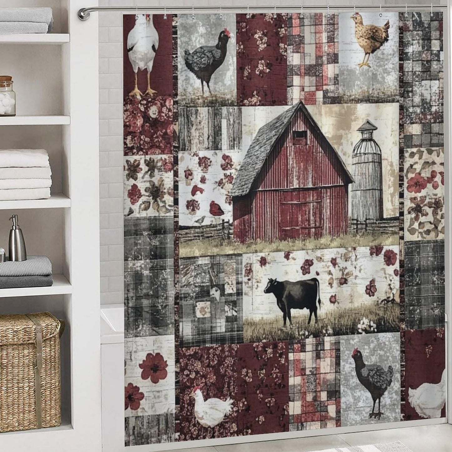 HDESDIS 4Pcs Barn Cabin Patchwork Shower Curtain Sets with Rugs, Toilet Lid Cover and Bath Mat, Farm Cow Chicken Rustic Bathroom Shower Curtains Set with 12 Hooks