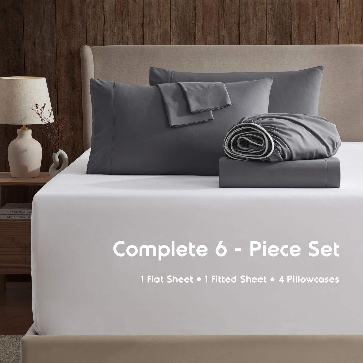 Nestl Extra Deep Cal King Sheet Set - 6 Piece Breathable & Cooling Sheets - Hotel Luxury Bedding Set w/18-24 Inch Deep Pockets - Easy & Secure Fit - Super Soft, Wrinkle Free & Comfy - Dark Gray