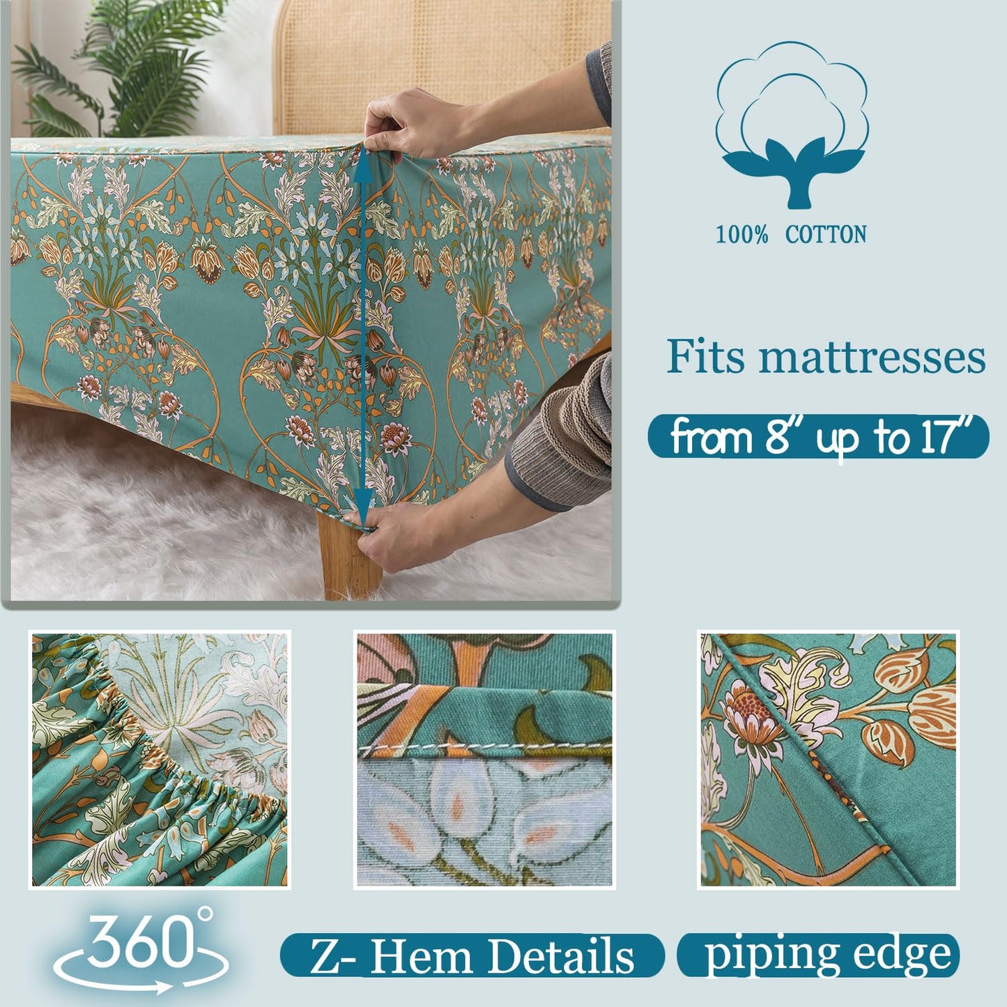 Zusbest Teal Floral Sheets Boho Queen Bed Sheets Set 100% Cotton Percale Shabby Vintage Blue Orange American Style Bedding Luxury Soft Breathable Crisp Bed Deep Pocket Fitted Sheet 4 Piece