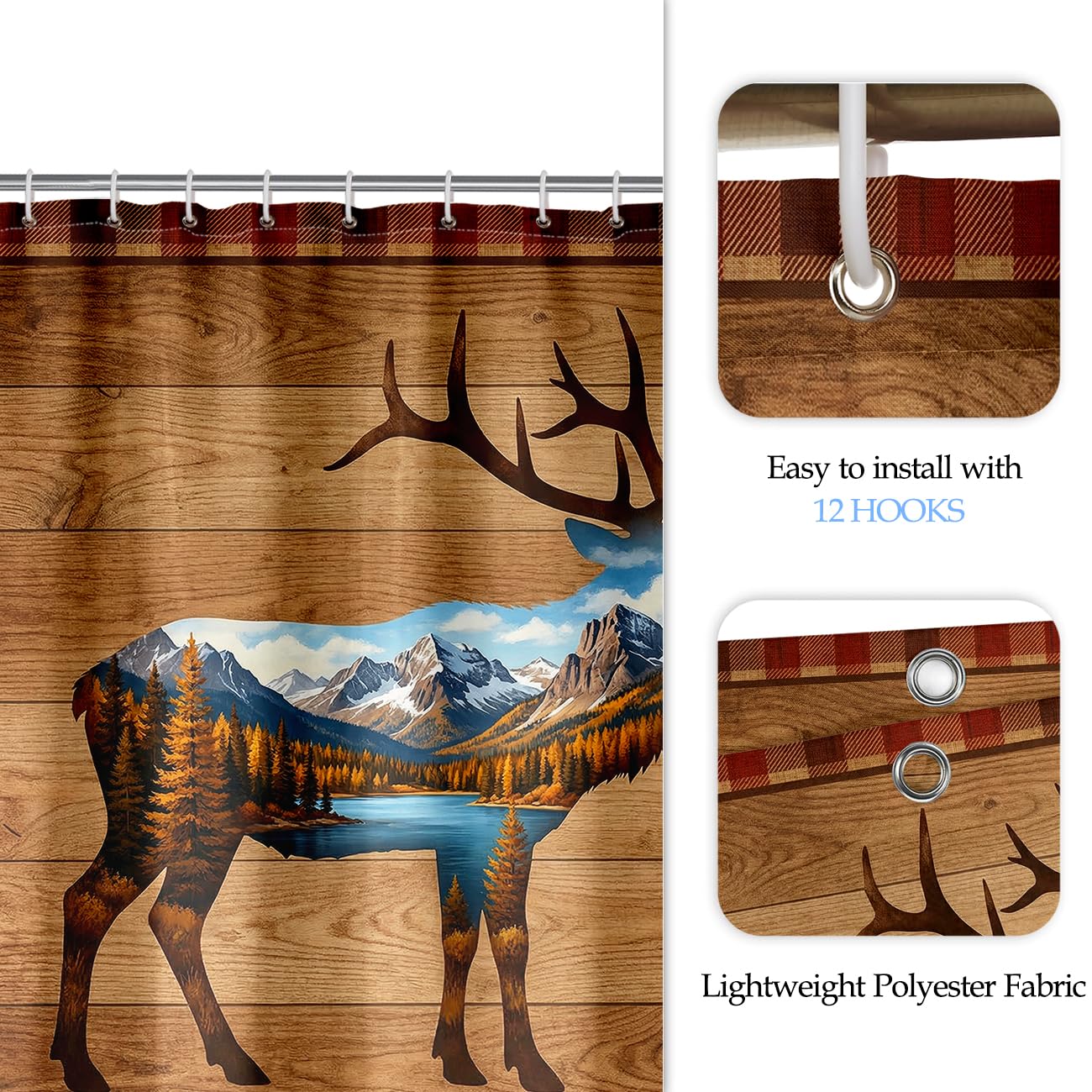 JPSBJWJ 4PCS Deer Shower Curtain Set, Simple Mountain River Forest Wooden Hunting Shower Curtain Set for Cabin Bathroom Decor Bathroom Decor with Toilet Cover and Bath Mat 12 Hooks 70 x 70 Inches