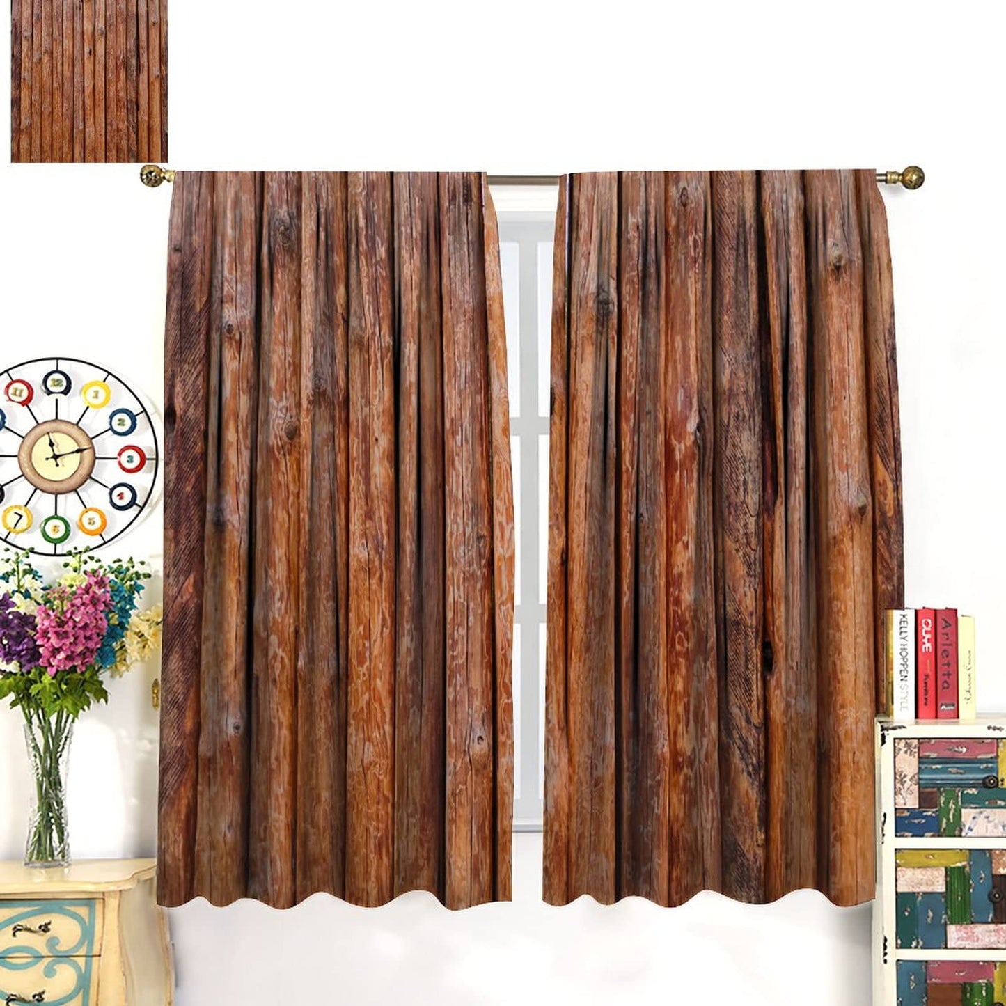 Rustic Wooden Kitchen Curtain,Vintage Old Brown Wood Countryside Theme Room Darkening Window Curtain Drapes for Living Room Bedroom Bathroom Dining Room W42xL45in