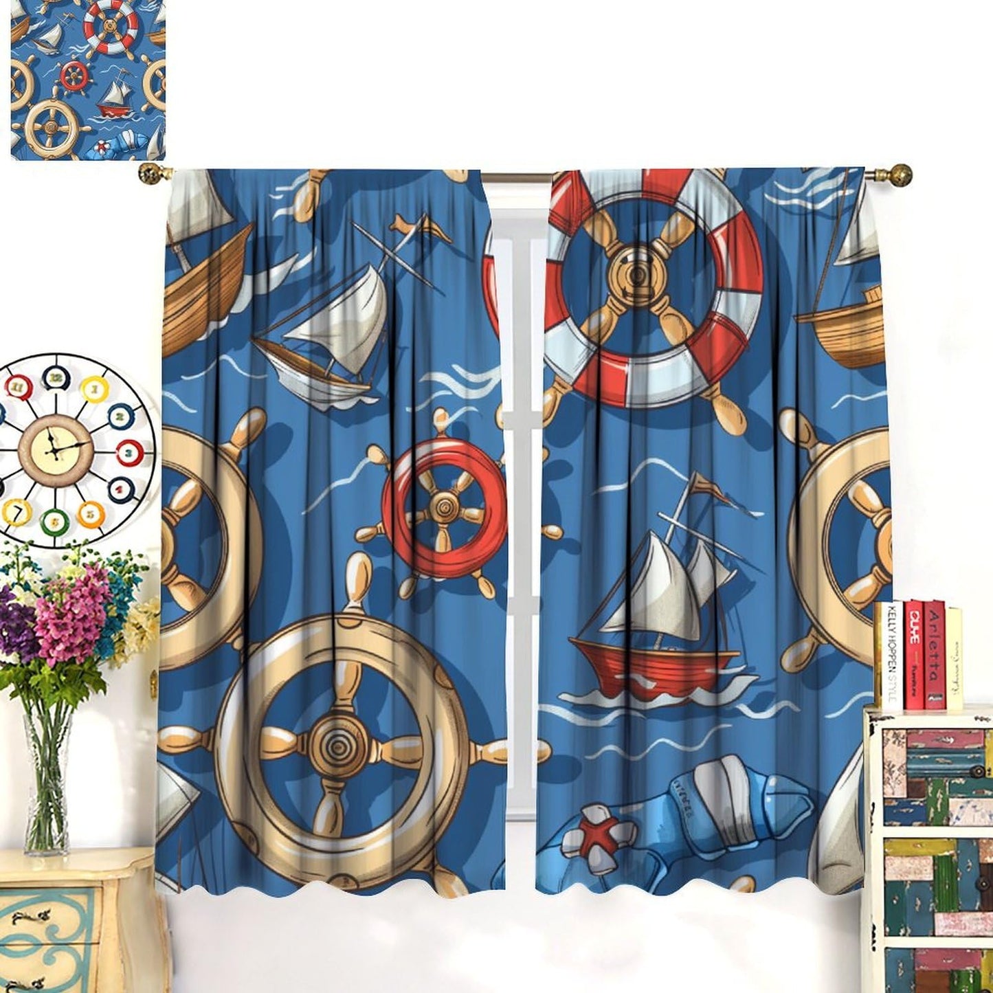 HDESDIS Cartoon Nautical Sailboat Blackout Curtains for Bedroom Living Room, Rod Pocket Ocean Boat Rudder Life Buoy Curtains Thermal Insulated Window Drapes 2 Panels, Each 21W x 45L