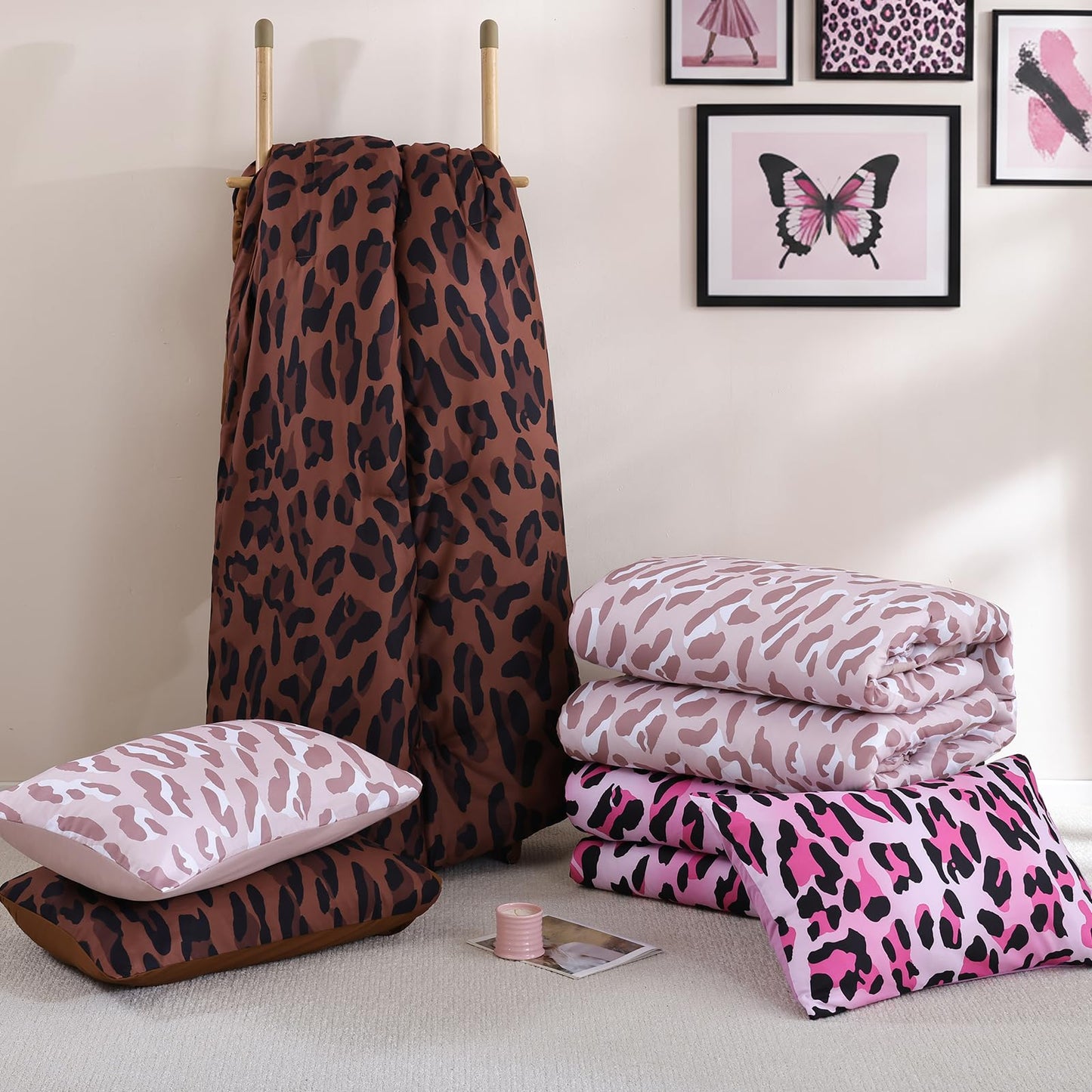 JANZAA Leopard Print Comforter Set King Size - 3 Pieces Animal Cheetah Printed Comforter Set, Cozy Soft Fluffy Pastel Pink/Floral Print Bedding Set with 2 Pillowcases for All Season