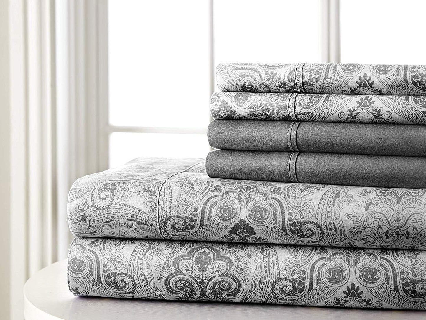 Spirit Linen home 6-Piece Queen Size Bed Sheet Set - Deep Pocket, Paisley Pattern, Soft and Breathable Bed Sheets, Microfiber Material, Includes 1 Fitted, 1 Flat, 4 Pillowcases - Dark Grey Paisley