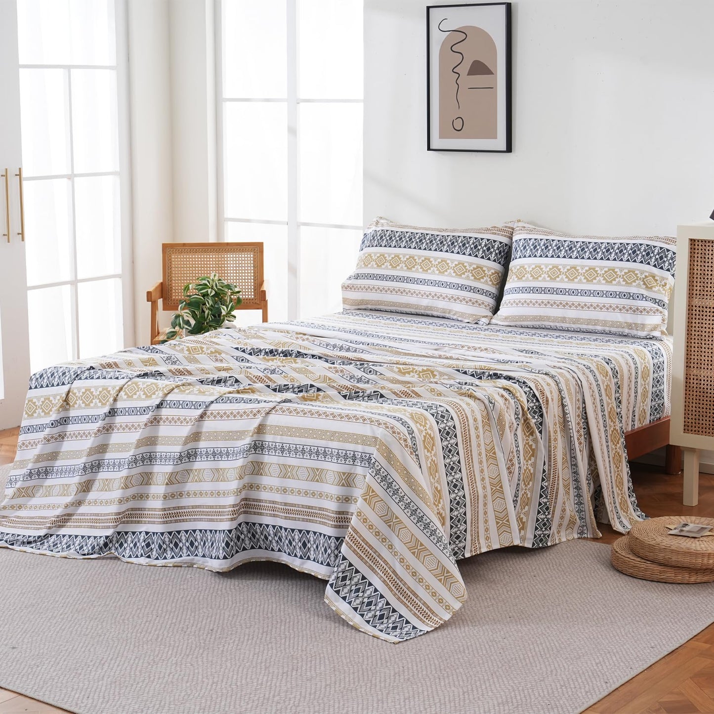 Yibeizi Striped Printed Sheet Set King, Boho Pattern Bed Sheets Fall Bedding Sheets & Pillowcases Soft Microfiber 15" Extra Deep Pocket Fitted Bedsheet 4 Piece