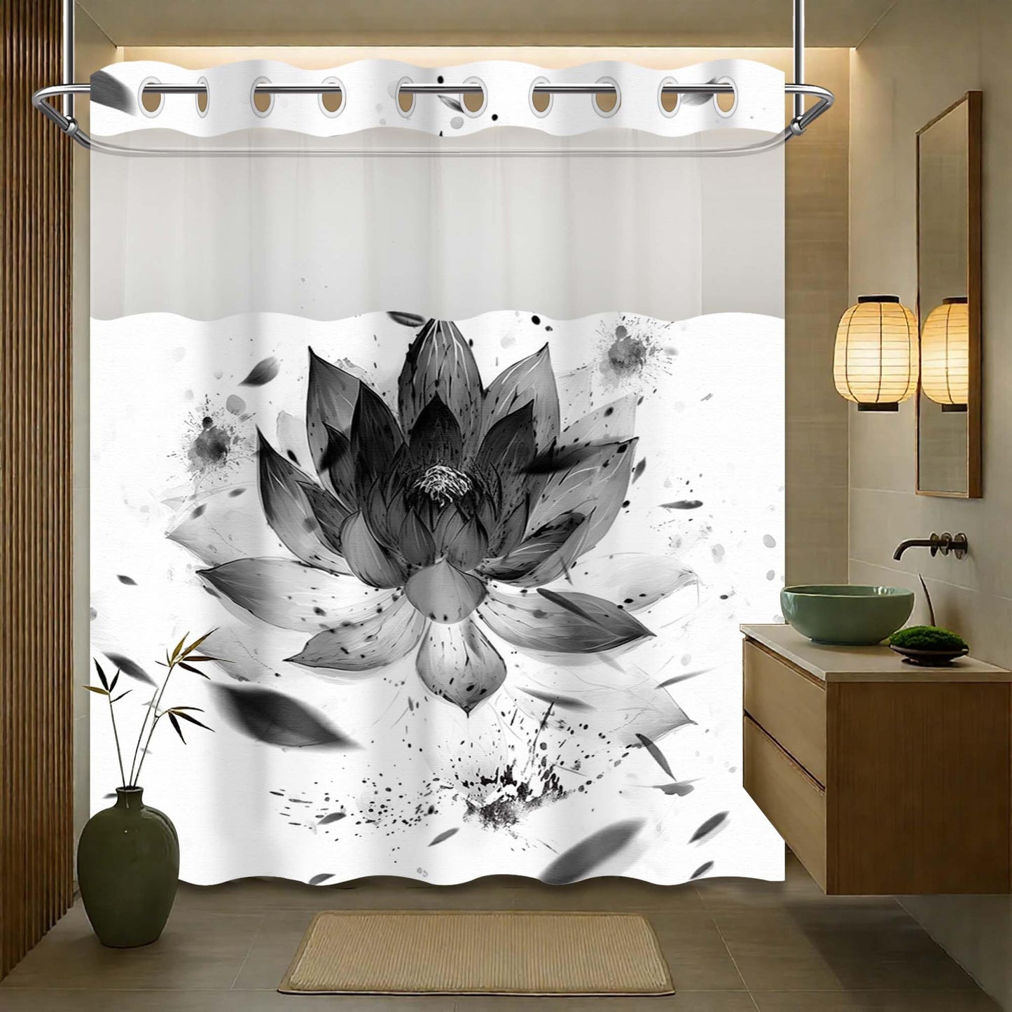 Yieldee Lotus Hookless Shower Curtain with Snap in Liner, Black and White